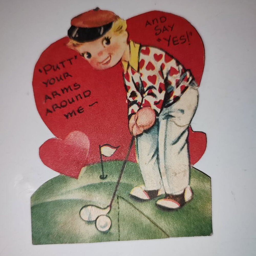 Vintage Valentine Die-Cut Blond Boy Playing Golf (Putt Your Arms Around Me)AS IS